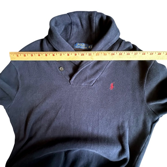 Polo Ralph Lauren Sweater Men's Medium Navy Shawl‎ Collar Pullover Elbow Patches - Picture 6 of 11